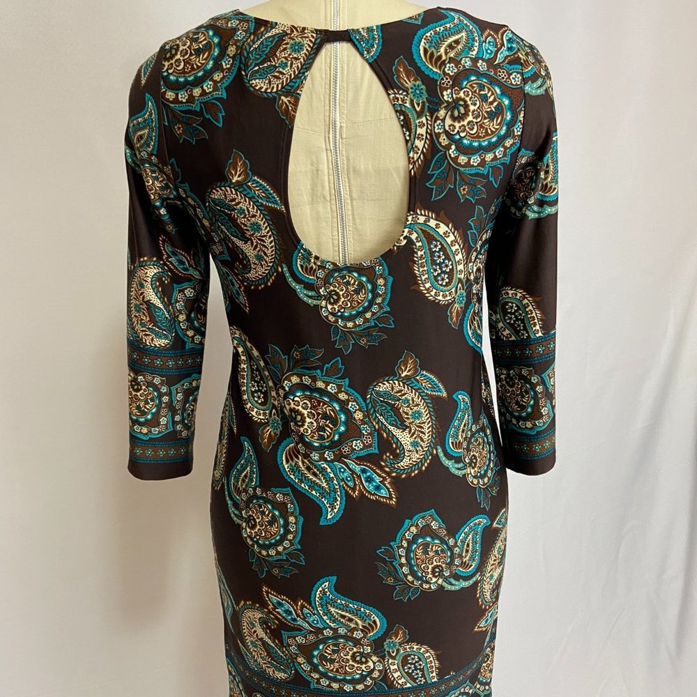 Paisley tunic style long-sleeve dress, high neck w/ cut-out on back, brown/teal